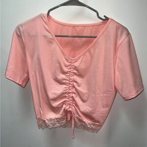 Shein Coral Ruched Drawstring Crop Top with Lace Hem Short Sleeve size large